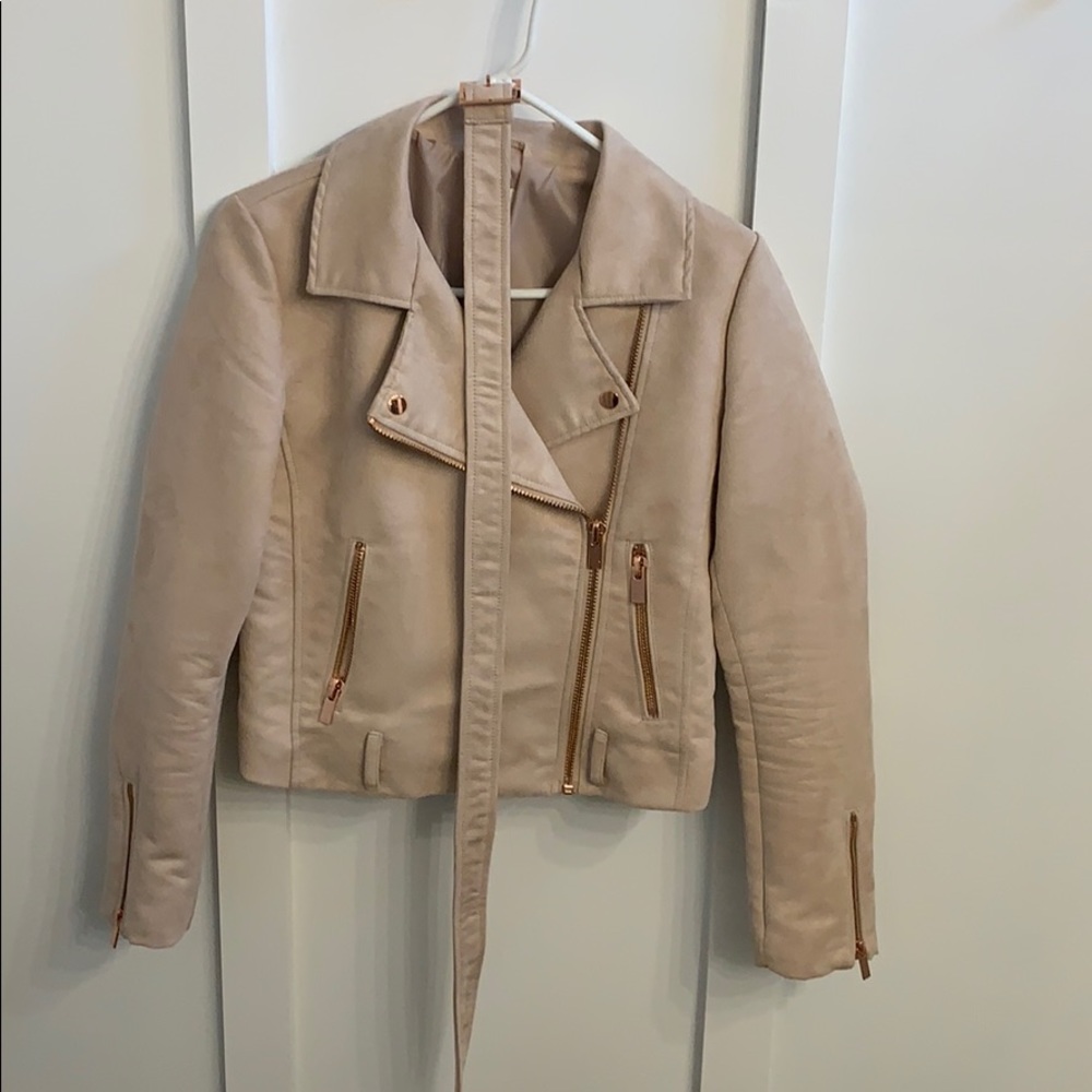 blush jacket with belt and rose gold detailing